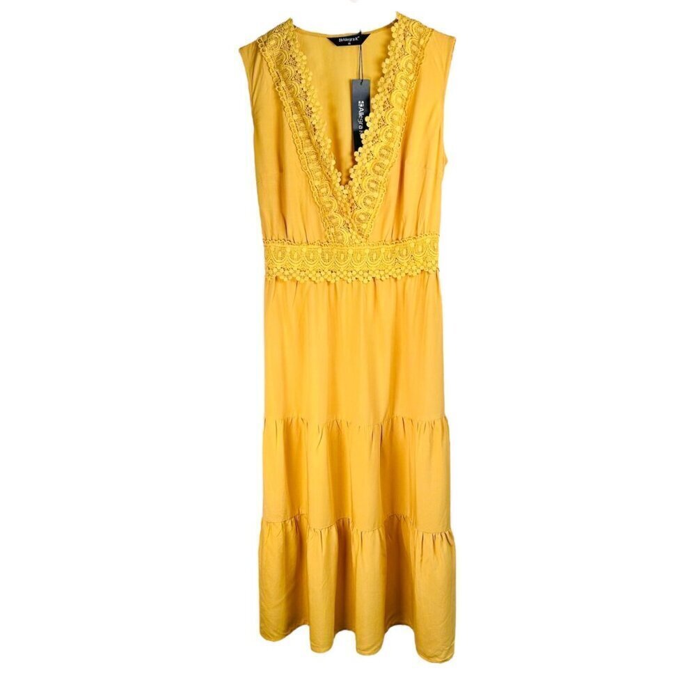 Allegra K XS Yellow Sundress Dress V Neck Crochet Embellished Brunch Party